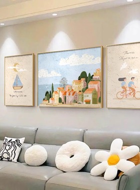 现代简约风景客厅装饰画北欧沙发背景墙壁画肌理感小清新三联挂画