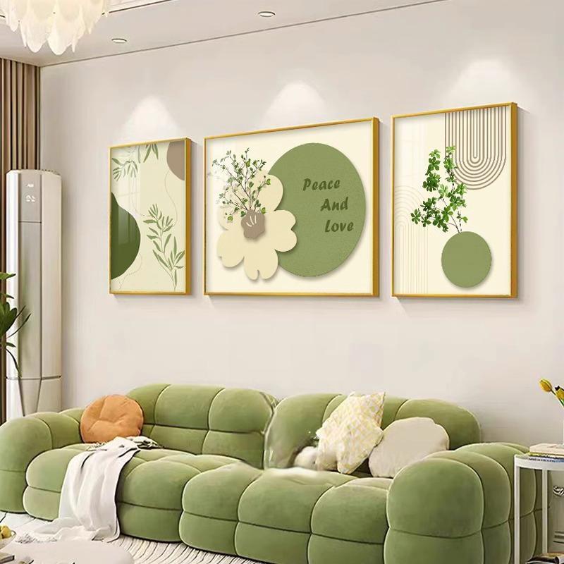 奶油风花卉客厅装饰画北欧小清新绿植挂画简约沙发背景墙三联壁画图片