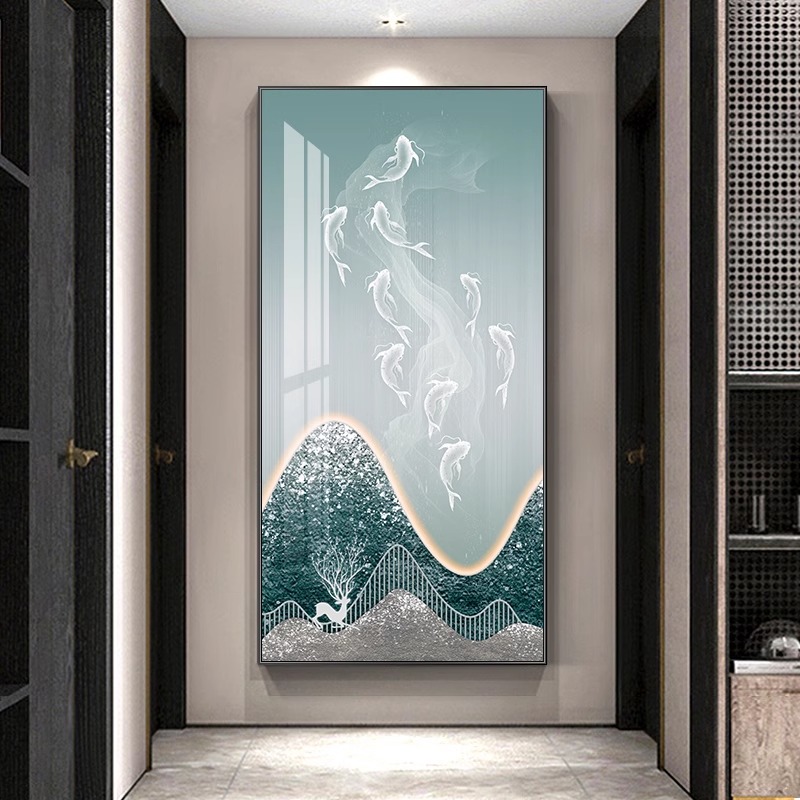 玄关装饰画现代简约走廊挂画创意九鱼图过道壁画竖版小众轻奢墙画图片