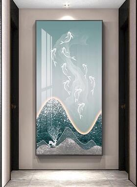 玄关装饰画现代简约走廊挂画创意九鱼图过道壁画竖版小众轻奢墙画