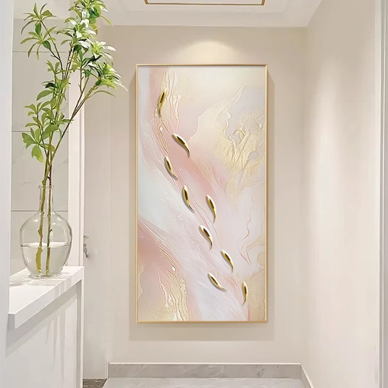 九鱼图玄关装饰画粉色抽象入户走廊过道挂画高级肌理感正对门壁画图片