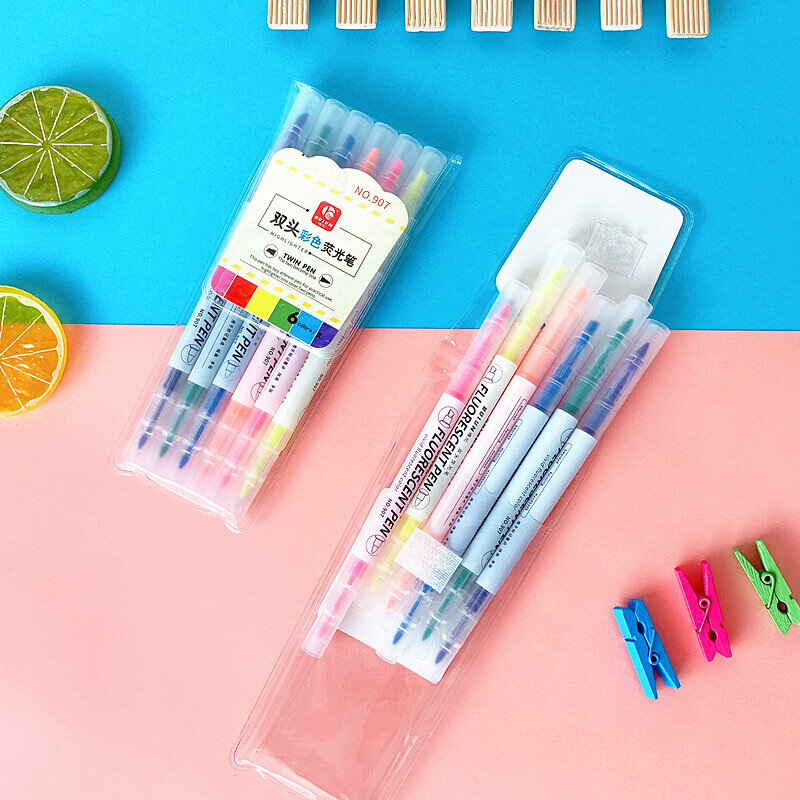 。多色双头萤光笔记号笔斜头标记淡色圆头办公彩荧光彩笔色学生笔