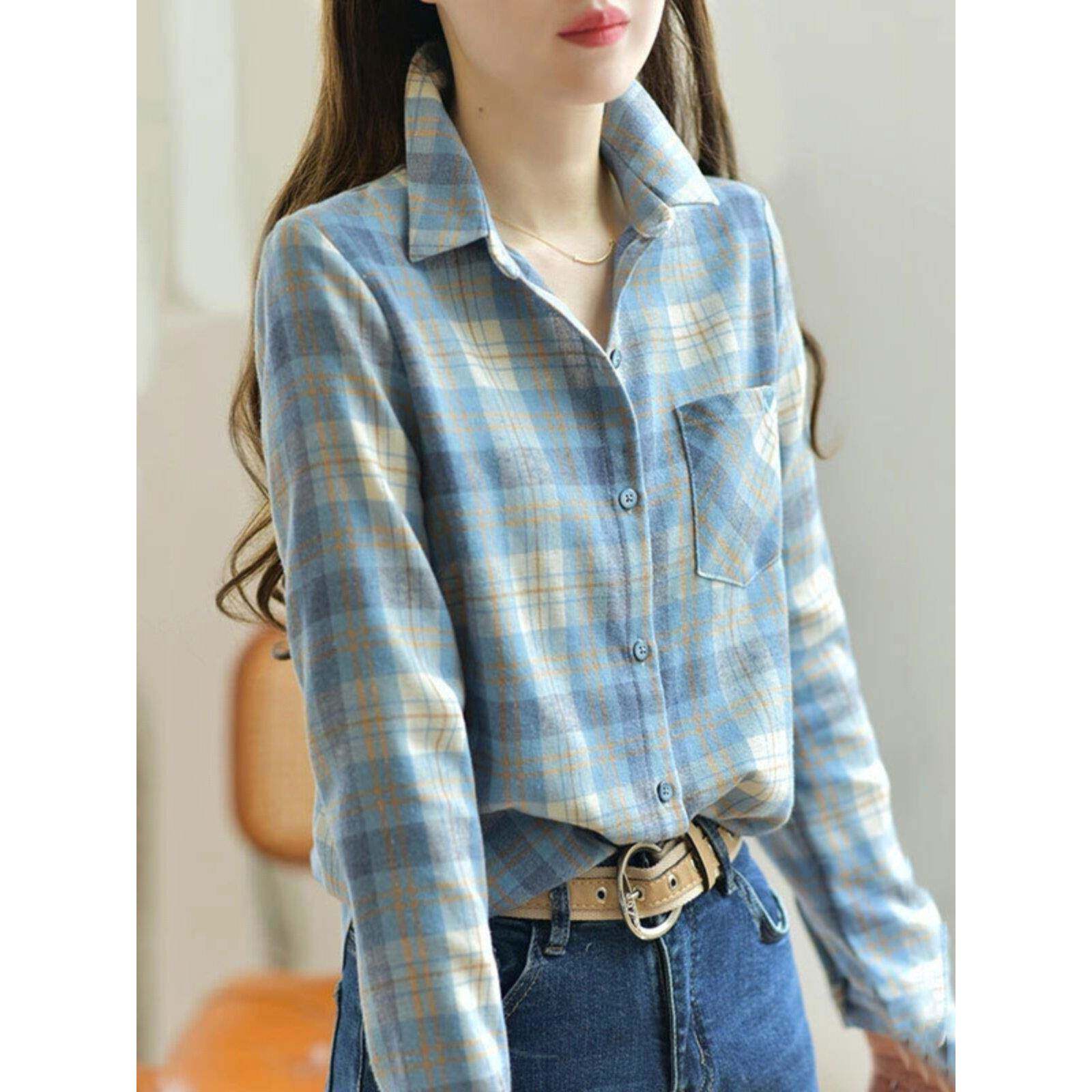 香港TIMO女装春秋款磨毛复古长袖上衣格子衬衫女小个子高端纯棉