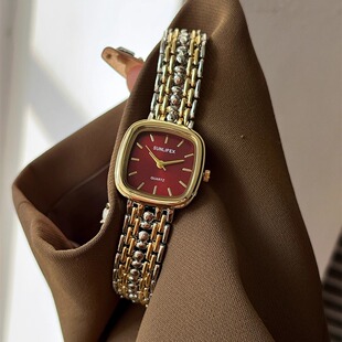 中古方形手表女复古小众高颜值小金表女士女款百搭气质精致腕表