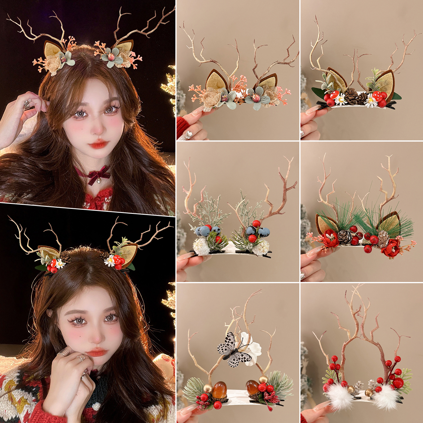 圣诞头饰鹿角发夹女森系装扮麋鹿夹子氛围节日拍照道具圣诞节发饰