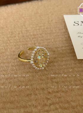 时尚新款珍珠花朵开口戒指女小众