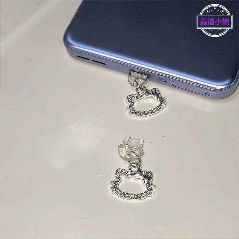 可爱水钻猫手机带孔充电口通用