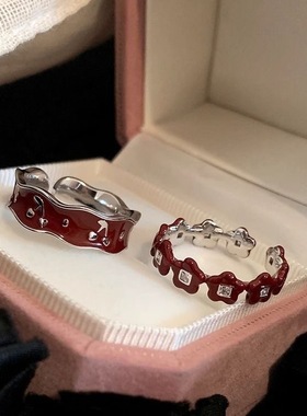 小清新红色滴釉花朵樱桃戒指复古