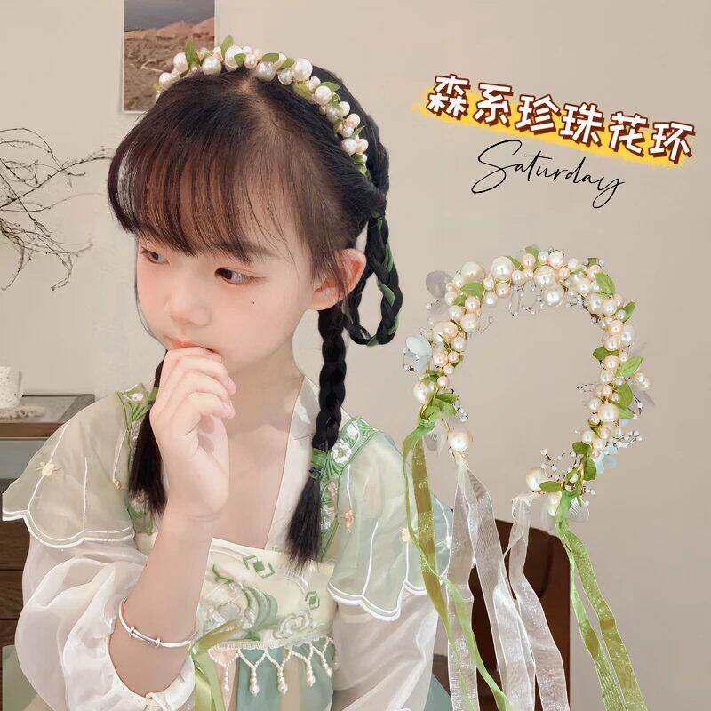 六一儿童绿色编发发带头饰发箍公主演出头箍飘带宝宝生日花环发饰
