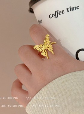 古法金色花朵戒指女轻奢设计