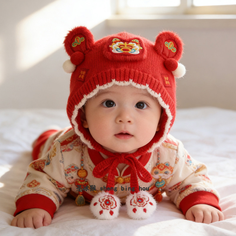 宝宝帽子冬季可爱加厚针织护耳帽男女婴幼儿红色新年虎头帽小月龄