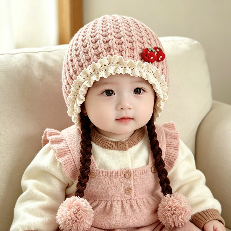 秋冬季婴幼儿套头帽子韩系甜美假发辫子毛线帽女宝宝公主保暖防风图片
