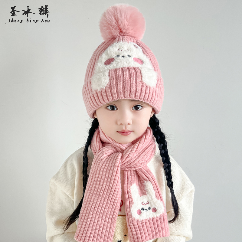 韩版秋冬季儿童帽子围巾两件套可爱兔子加厚针织毛线帽男女童毛球