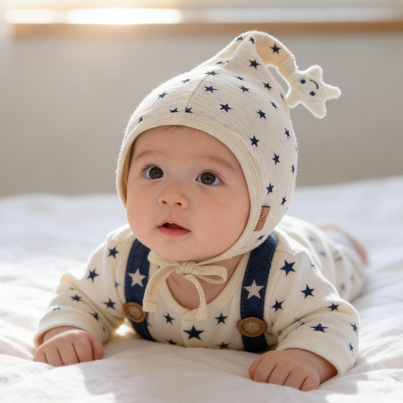 韩系春秋季宝宝帽子可爱薄款尖顶星星超萌护耳包脸帽外出男女婴儿