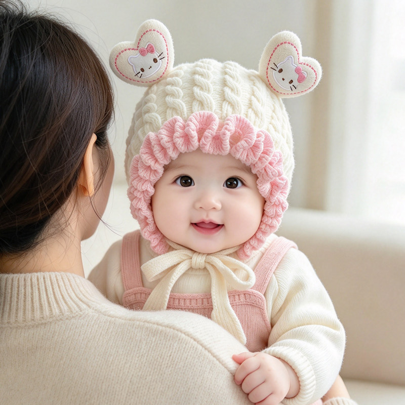 秋冬季宝宝护耳帽子可爱甜美加厚保暖针织毛线帽女婴幼儿户外防风