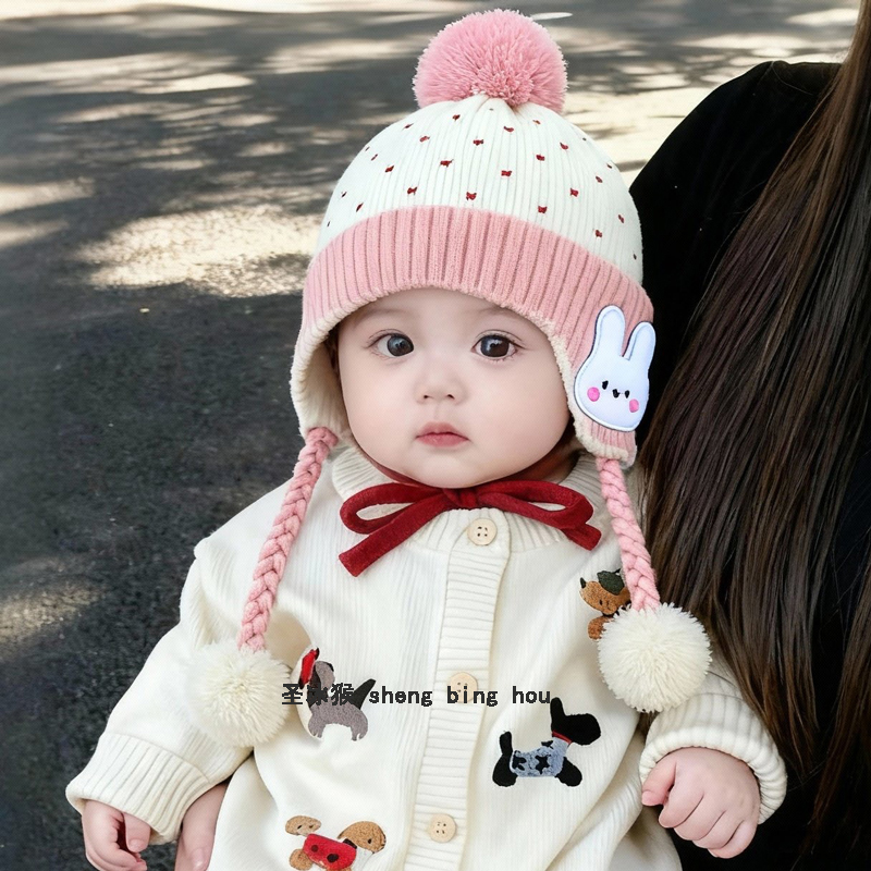 宝宝帽子秋冬季可爱护耳毛球套头保暖帽韩系百搭卡通男女婴幼儿潮