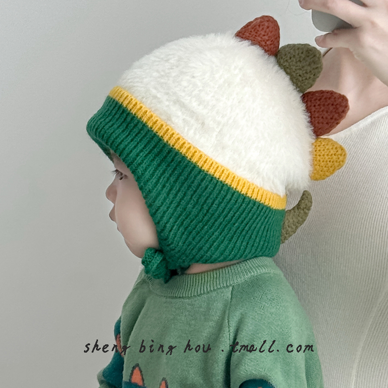 儿童帽子秋冬季可爱恐龙套头护耳帽毛绒厚款保暖男女宝宝加绒针织