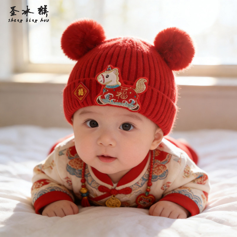 婴幼儿帽子秋冬季可爱毛球超萌百搭红色新年喜庆毛线帽男女宝宝潮