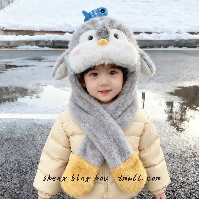 冬季儿童帽子加厚毛绒围巾一体帽男女宝宝耳朵会动帽超萌防寒保暖