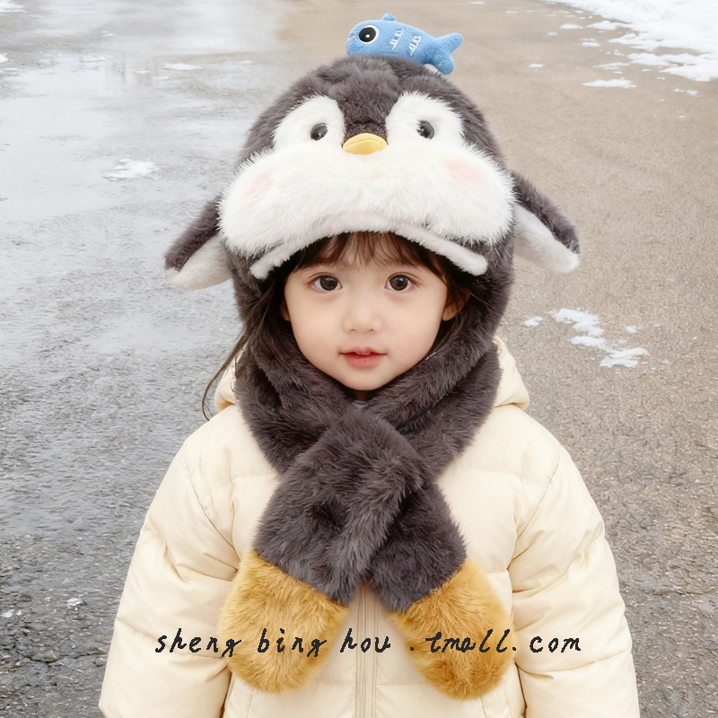 韩系儿童帽子可爱加厚毛绒围巾一体帽超萌耳朵会动男女宝宝保暖帽