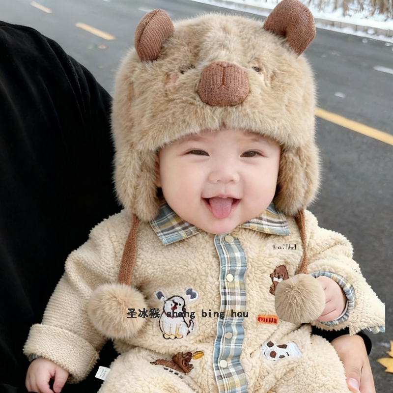 婴幼儿帽子秋冬季卡通毛绒加厚针织套头帽男女宝宝外出防风护耳帽