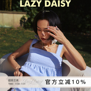 Lazy 两件套 Daisy Léa吊带睡衣甜美家居服格纹拼接蕾丝背心短裤