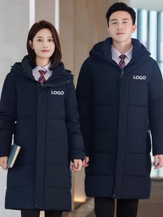 藏青色职业装羽绒服男女冬中长款银行酒店4S店经理工作服定制logo