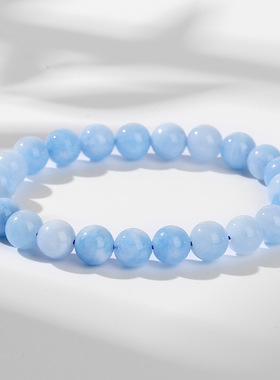 珠宝新疆玉髓海蓝宝色手链天蓝色简约男女款单圈圆珠手饰