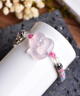 天然粉水晶九尾狐吊坠项链手工雕精工情侣礼物手机饰品挂件男女款