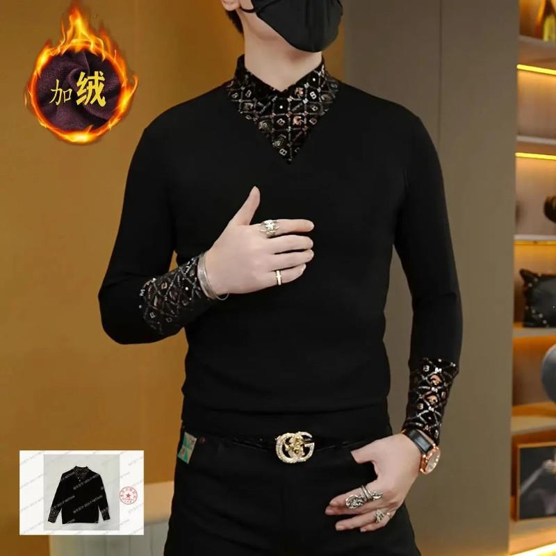 简居轻奢冬季潮流网红个性l百搭男士加绒修身打底衫围巾领长袖卫