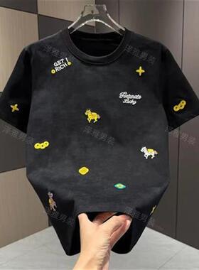 凯登鹿轻奢潮流男马年新款百搭y刺绣潮流时尚年款印花红色圆领半