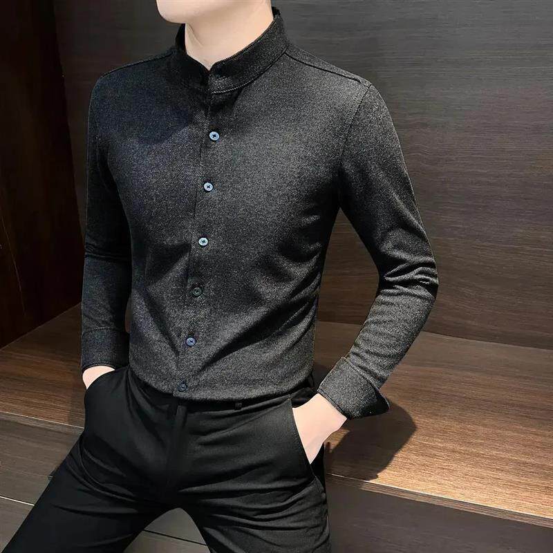 凯登鹿轻奢新款加绒立领磨毛长袖衬衫男款休闲冬季保暖男士衬衣