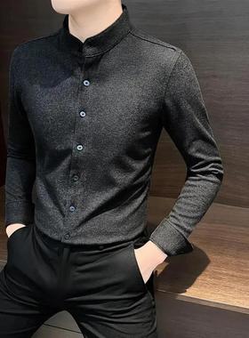 凯登鹿轻奢新款加绒立领磨毛长袖衬衫男款休闲冬季保暖男士衬衣