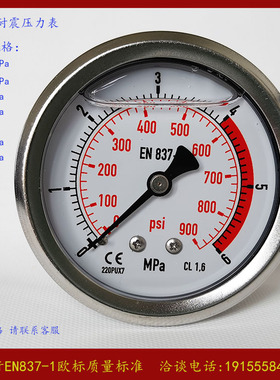 0025. 压力表轴向 0-6MPa 0-900psi 螺纹M14*1.5 气压 水压 油压
