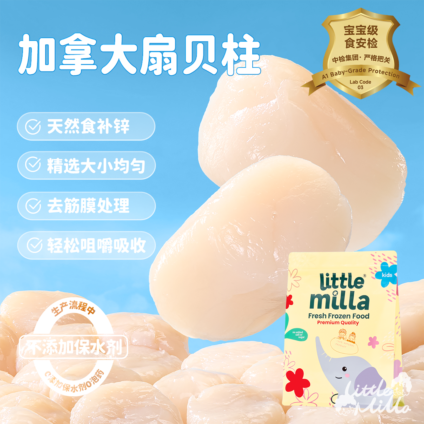 littlemilla加拿大进口特级大贝柱冷冻生鲜宝宝辅食扇贝柱400g