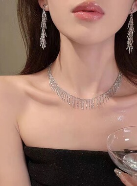 水晶流苏耳环项炼套装女小众设计时尚晚礼服轻奢耳针2025年新款潮