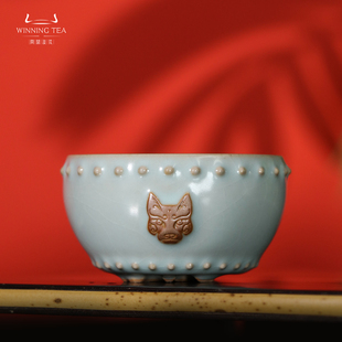 汝窑问鼎景德镇狗首战鼓杯汝瓷天青釉茶杯手工送礼主人杯陶瓷单杯