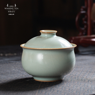 问鼎汝瓷天青甲辰如是盖碗茶杯泡茶碗开片可养高级茶具大号带盖款