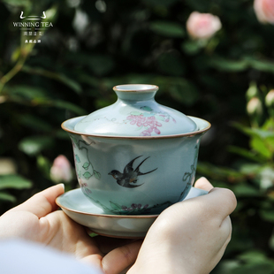 问鼎汝窑澜清三才盖碗茶杯高档景德镇汝瓷泡茶碗青瓷手绘茶具陶瓷