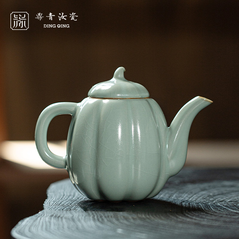 问鼎汝窑瓜棱壶景德镇泡茶壶陶瓷汝瓷原矿釉青瓷复古手工开片茶具