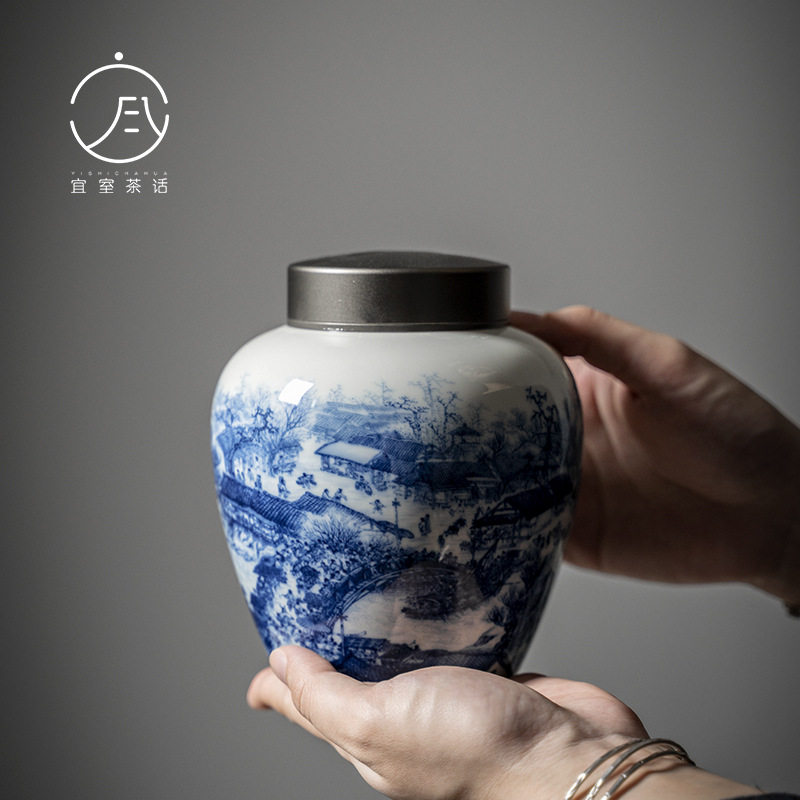 宜室茶话 陶瓷茶叶罐 满彩青花清明上河图储物罐半斤装密封罐茶仓