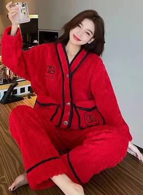 本命年大红色小香风网红爆款OG睡衣女秋冬季珊瑚绒加厚加绒家居服