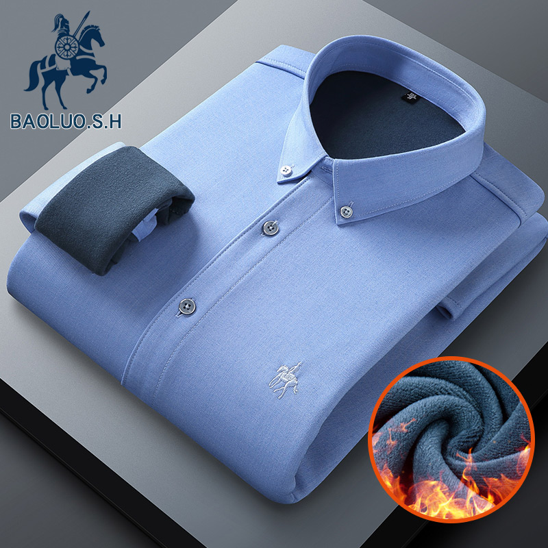 保罗男士保暖工装衬衣竹纤维商务条纹免烫冬季蓝色蓝加绒加厚衬衫
