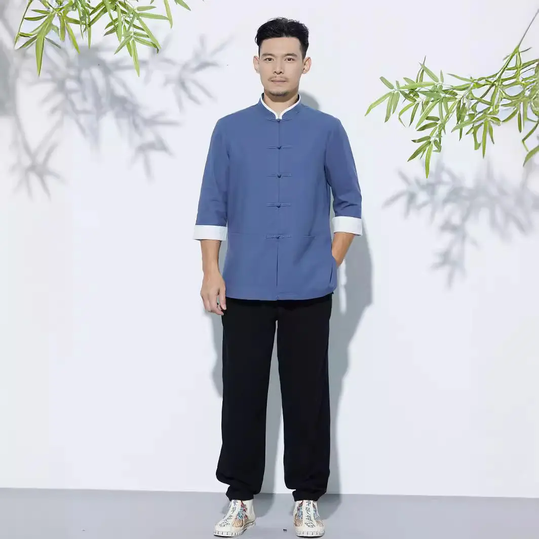 新款男士棉麻禅衣灰蓝深蓝色浅黄