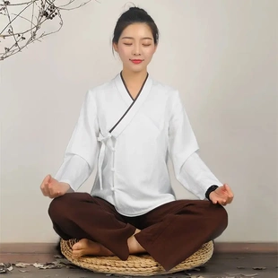 新款禅修服禅茶服装居士服打坐宽松斜襟偏开口女禅服套装大码上衣