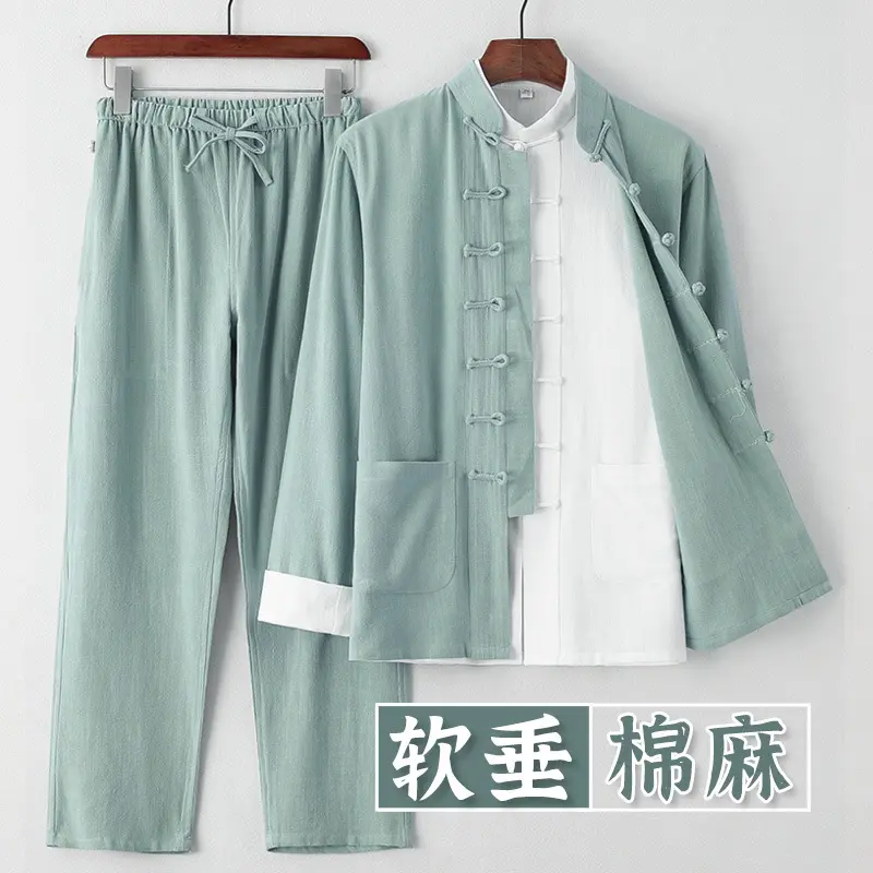 中老年唐装男夏天薄款盘扣中亚麻
