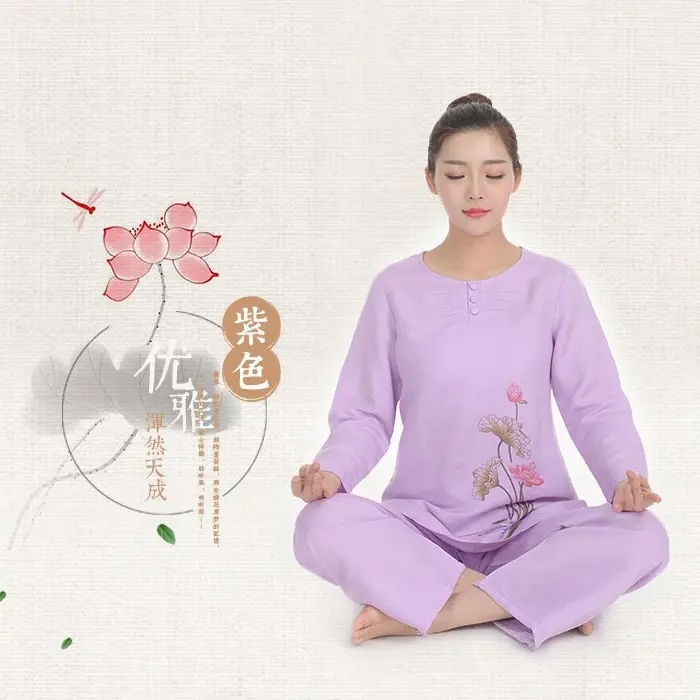 春季女棉麻瑜伽服运动套装居士禅修服大码养生艾灸上衣休闲亚麻