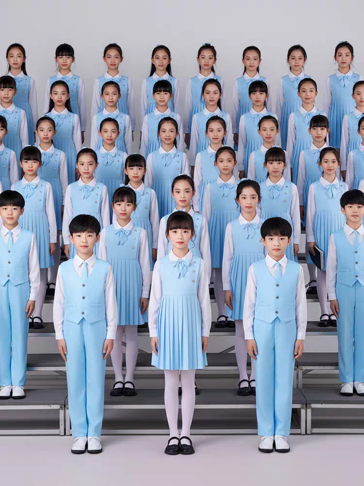 儿童合唱朗诵演出服女童中小学生爱国诗歌蓝色口才演讲比赛礼服装
