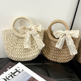 小众包包草编包编织包新款 手工沙滩精致设计女蕾丝手提包菜篮子包