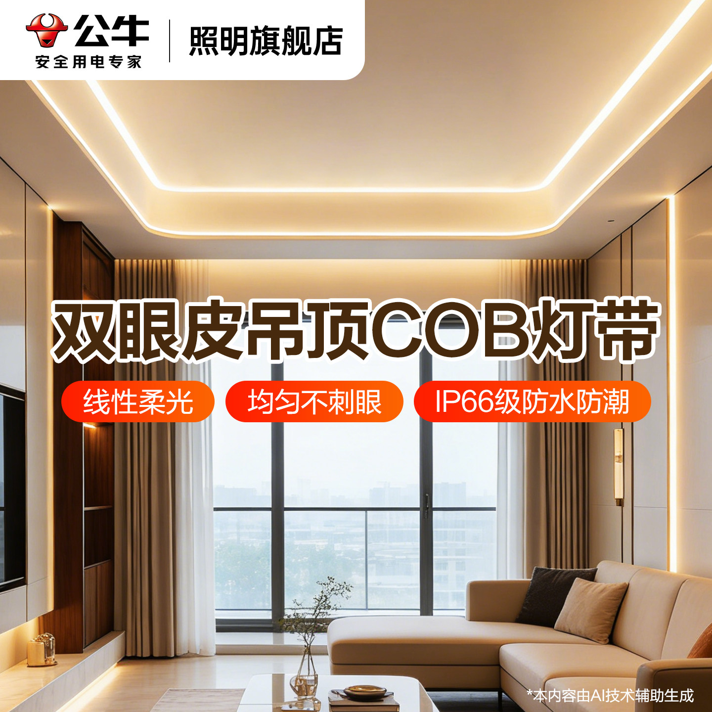 公牛led灯带220v高压防水线形灯带家用客厅吊顶氛围COB户外软灯条